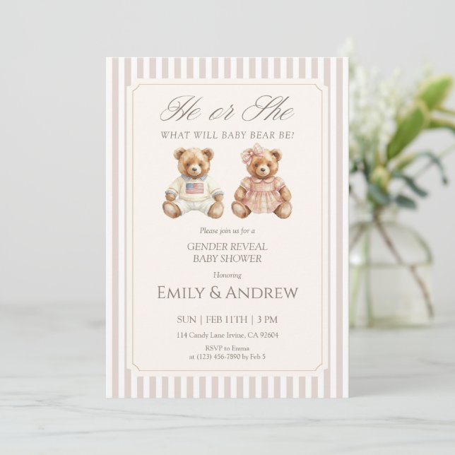 Invitación He or She What Will Baby Bear Be Gender Reveal (Anverso de pie)