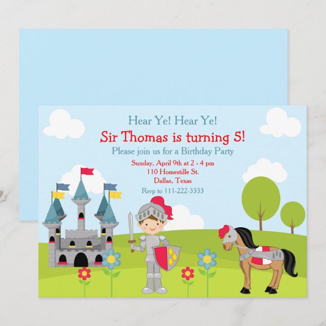 Invitación Hear Ye Brunette Cute Knight (Anverso / Reverso)