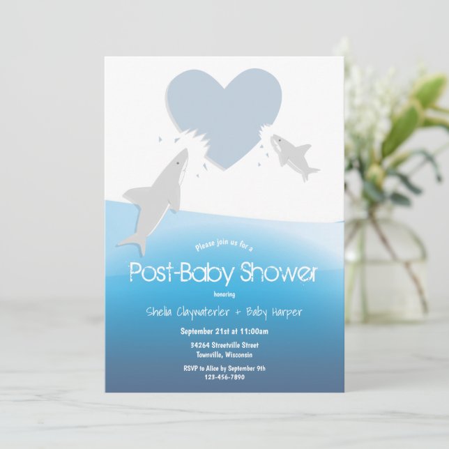 Invitación Heart Bites Sharks Post Baby Shower (Anverso de pie)
