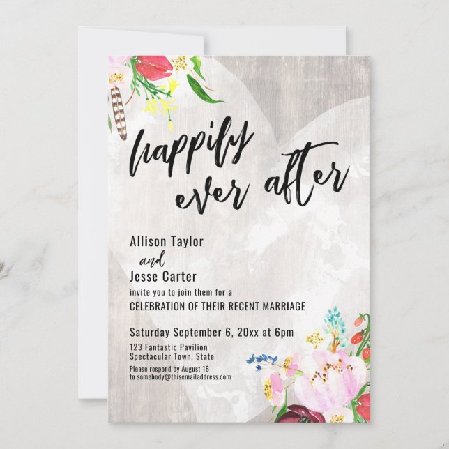 Invitación Heart Boho Floral Rustic Wood Feliz (Anverso)