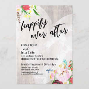 Invitación Heart Boho Floral Rustic Wood Feliz