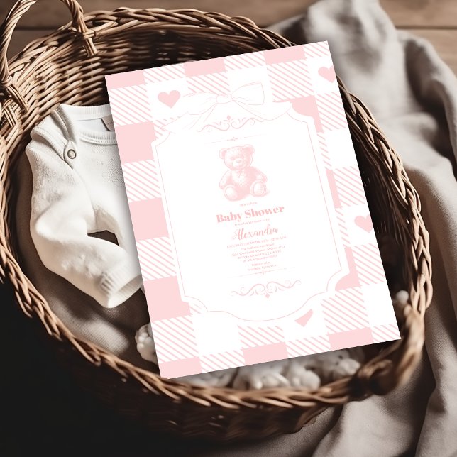 Invitación Heart Bow Gingham French Teddy Bear Baby Shower (Subido por el creador)