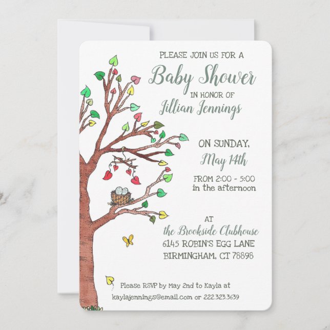 Invitación Heart deja Baby Shower móvil de Nido de Aves (Anverso)
