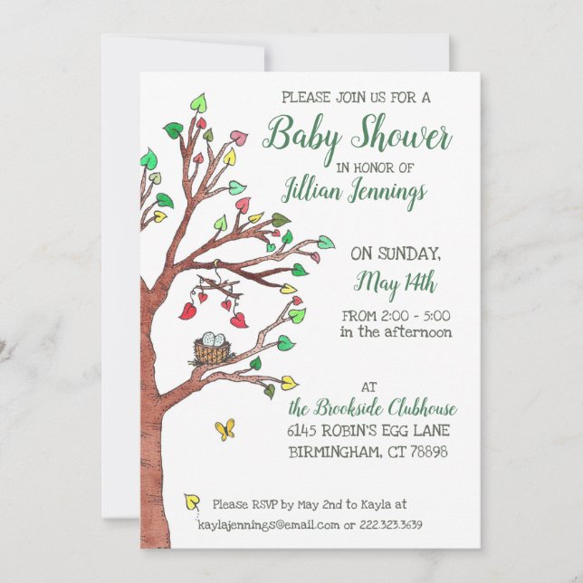 Invitación Heart deja Baby Shower móvil de Nido de Aves (Anverso)