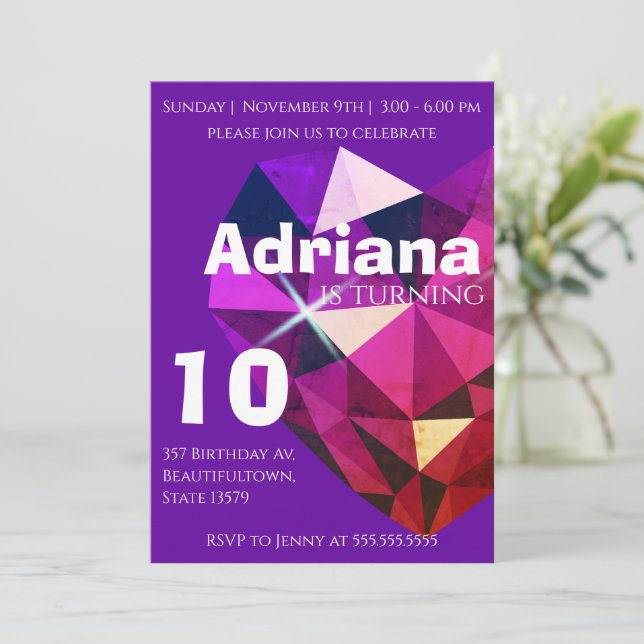 Invitación Heart Gemstone Purple 10th Birthday Invitation (Anverso de pie)