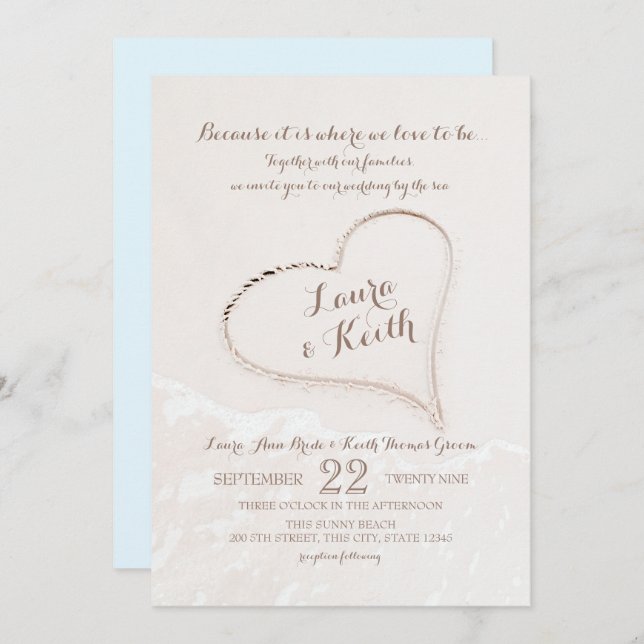Invitación Heart in Sand Beach Wedding (Anverso / Reverso)