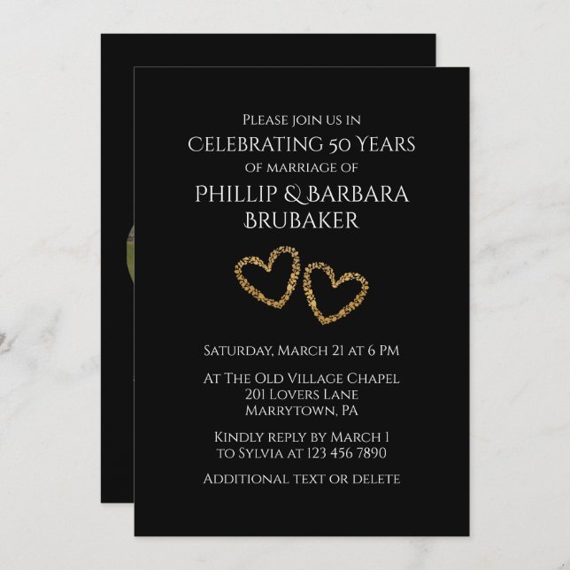 Invitación Heart Photos Golden 50th Wedding Anniversary Party (Anverso / Reverso)