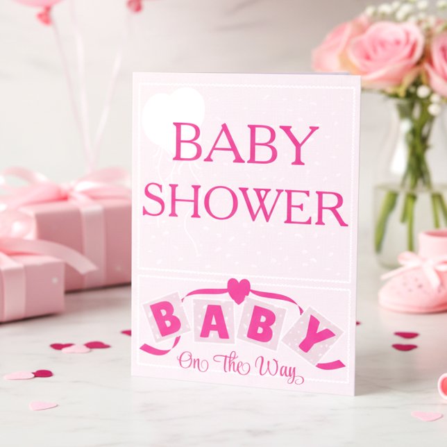 Invitación Heart Ribbon Bright Pink Baby Shower Invitation (Light pink design for a girl’s shower, add your own text to make it personal & unique.)