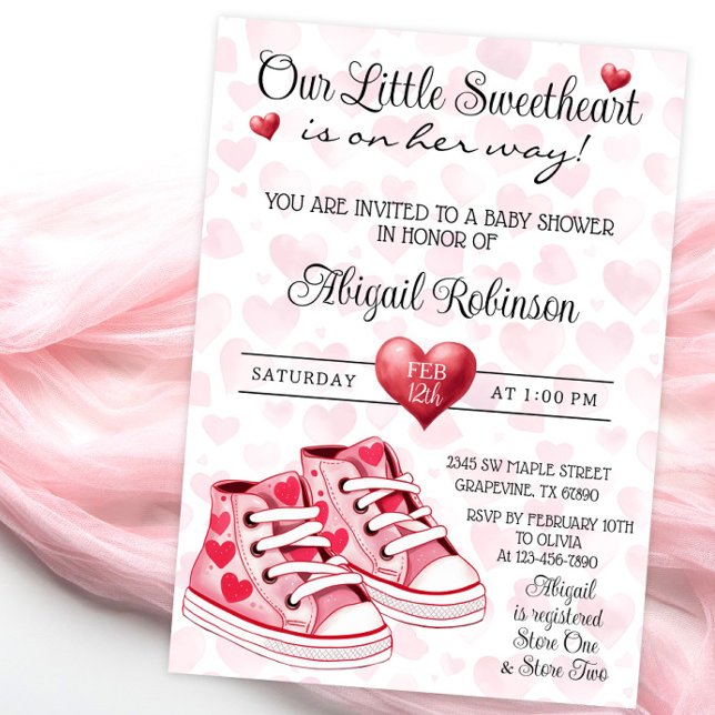 Invitación Heart Sneakers Squerido Valentine Baby Shower (Cute heart baby sneakers baby shower invitation with cute sneakers on a pretty heart background.)
