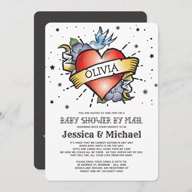 Invitación Heart Tattoo Baby Shower Por Correo (Anverso / Reverso)
