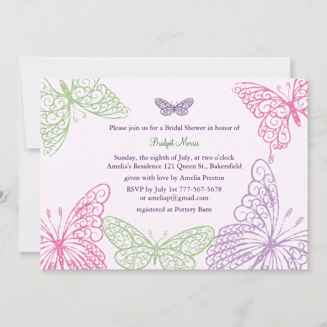 Invitación Heart's a Flutter Bridal Shower Invite a la lila (Anverso)