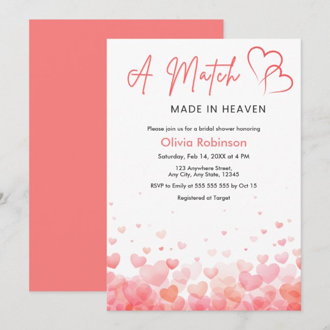 Invitación Hearts A Match Made in Heaven Bridal Shower  (Anverso / Reverso)