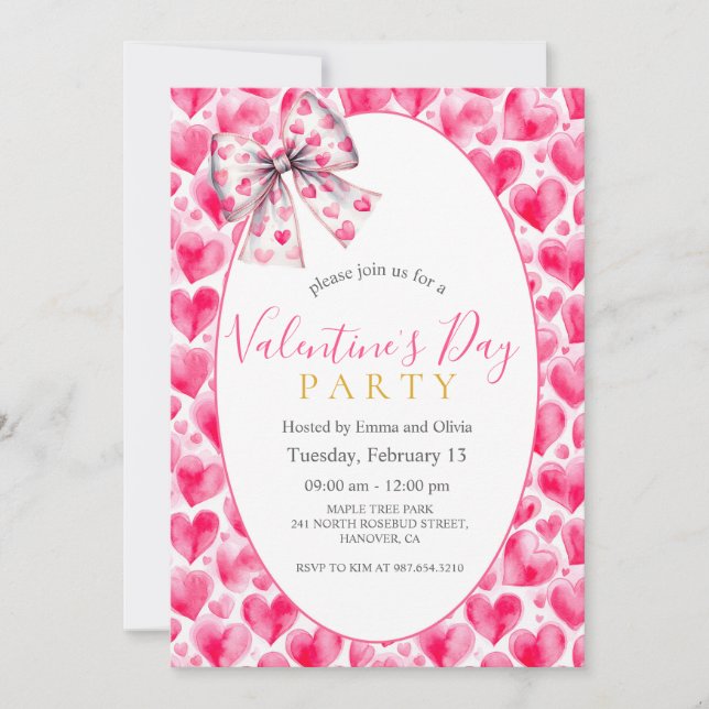 Invitación Hearts and Bow Valentine’s Day Party Invitation (Anverso)