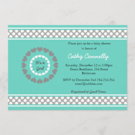 Invitación Hearts Polka Dots Blue Baby Shower For Chica Card