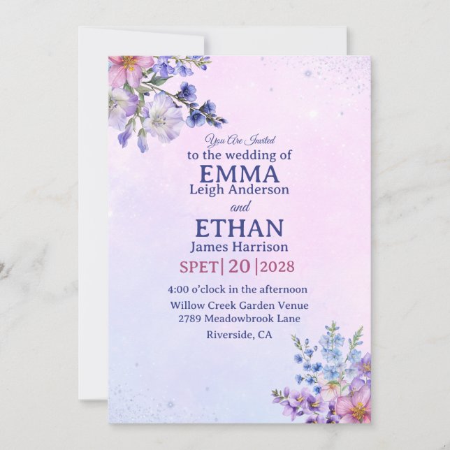 Invitación heather periwinkle plum lavender blue Wedding  (Anverso)
