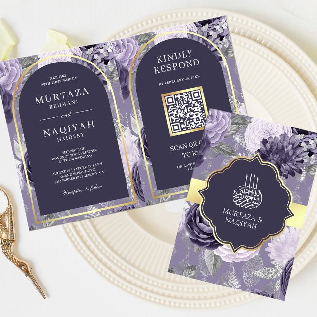 Invitación Heather Purple Floral QR Código musulmán Boda (Subido por el creador)