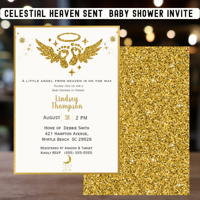 Invitación Heaven Sent Angel Gold Purpurina Baby Shower (Subido por el creador)