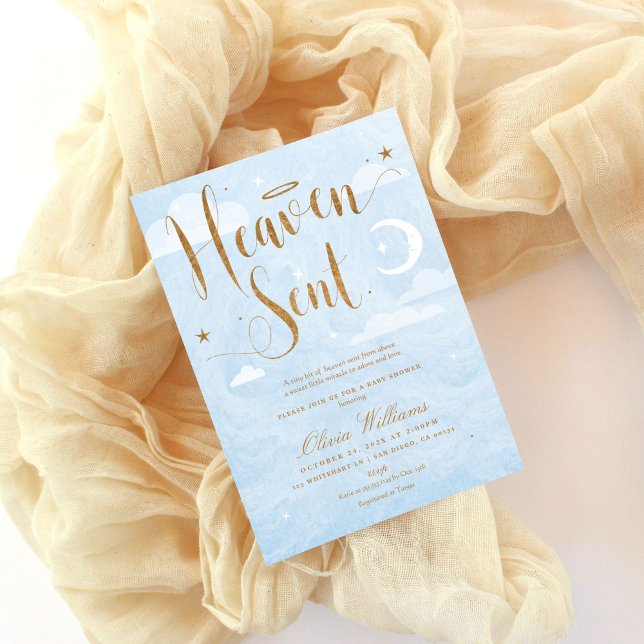 Invitación Heaven Sent Baby Shower Blue and Gold (Blue and gold Heaven sent baby shower invitation. Shown on dreamy fabric background)
