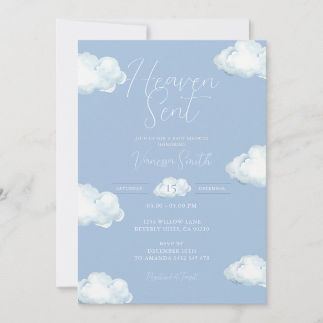 Invitación Heaven Sent Baby Shower Blue Cloud (Anverso)