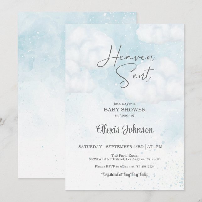 Invitación Heaven Sent Baby Shower (Boy) (Anverso / Reverso)