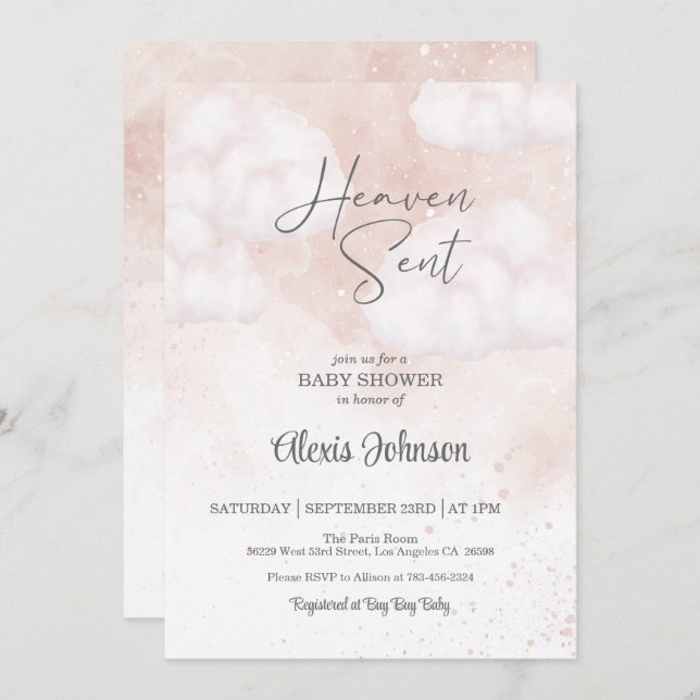 Invitación Heaven Sent Baby Shower Pink (Anverso / Reverso)