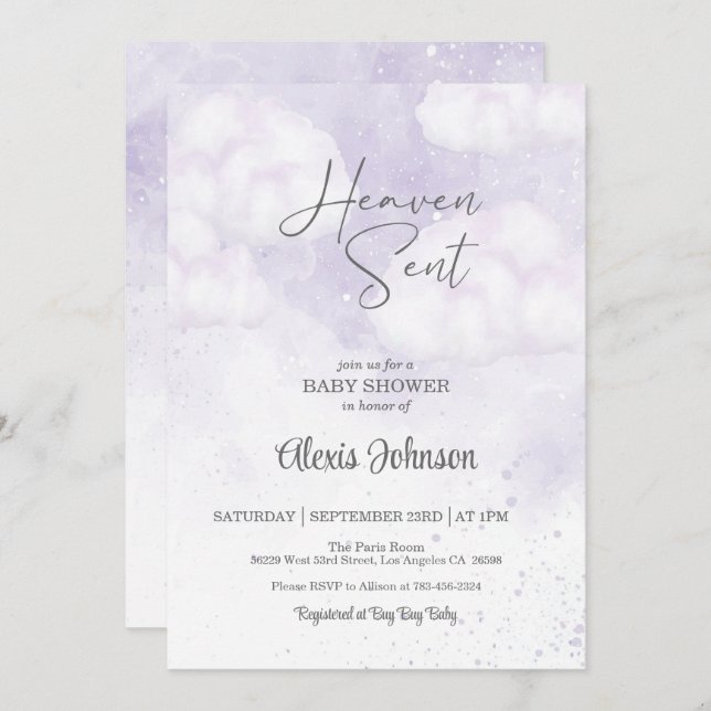 Invitación Heaven Sent Baby Shower Purple (Anverso / Reverso)