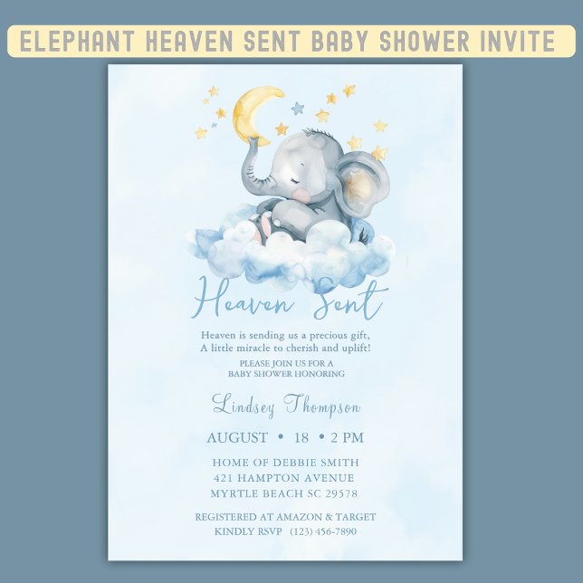 Invitación Heaven Sent Blue Elephant Baby Shower (Subido por el creador)