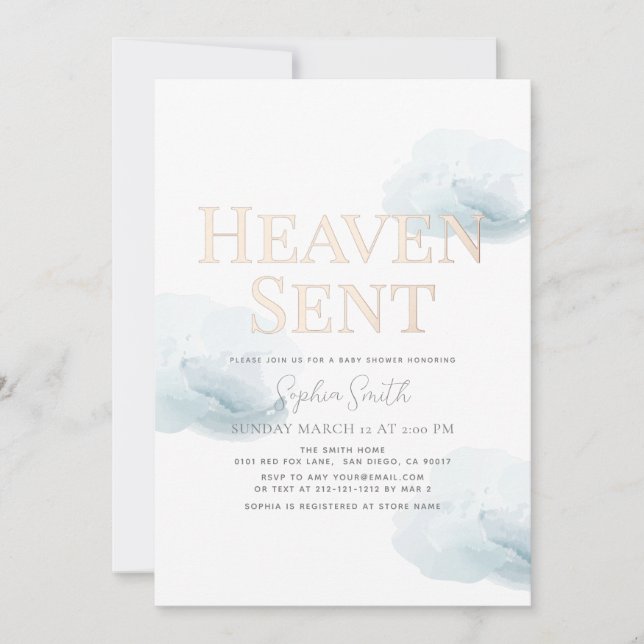 Invitación Heaven Sent Gold Boy Blue Cloud Baby Shower (Anverso)