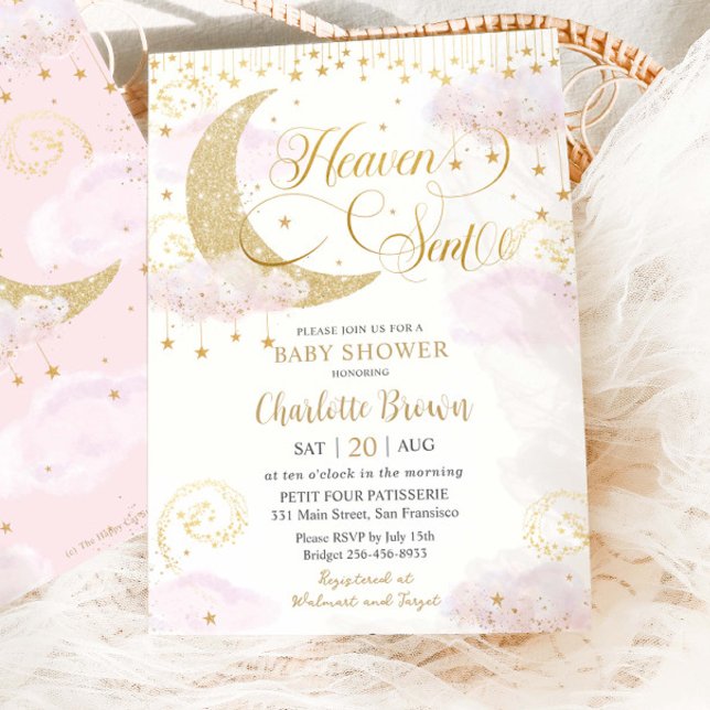 Invitación Heaven Sent Moon and Stars Pink Gold Baby Shower (Subido por el creador)