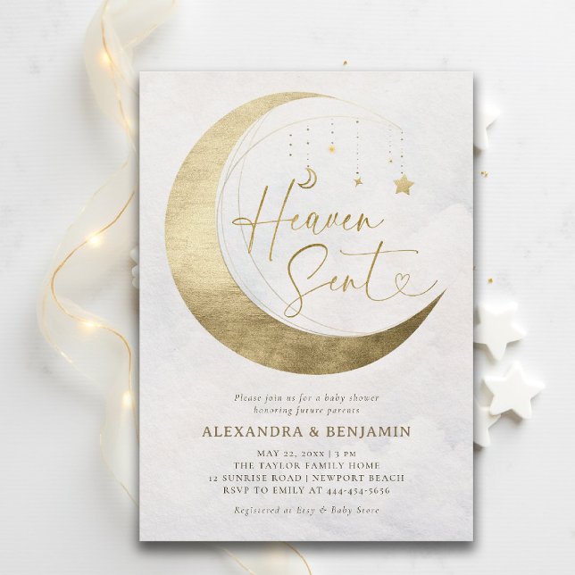 Invitación Heaven Sent Moon Gold White Sky Coed Baby Shower (baby shower invitation heaven sent moon stars sky white gold neutral coed jack jill)