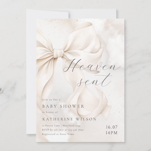 Invitación Heaven Sent Neutral Bow Baby Shower Invitation (Anverso)