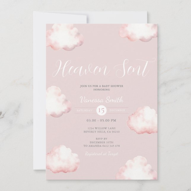Invitación  Heaven Sent Pink Cloud Baby Shower Invite (Anverso)