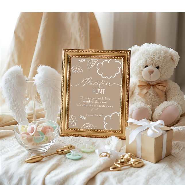Invitación Heavenly baby shower beige Pacifier Hunt game (Heavenly baby shower beige Pacifier Hunt game)