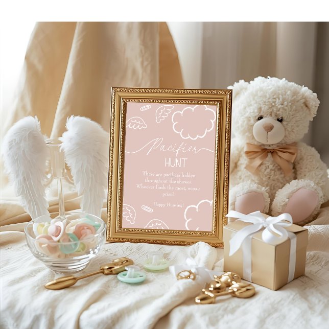 Invitación Heavenly baby shower Pink Pacifier Hunt game (Heavenly baby shower Pink Pacifier Hunt game)