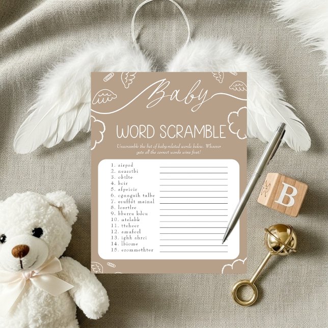 Invitación  Heavenly Beige Baby Word Scramble Game   (Heavenly pink Baby Word Scramble Game)