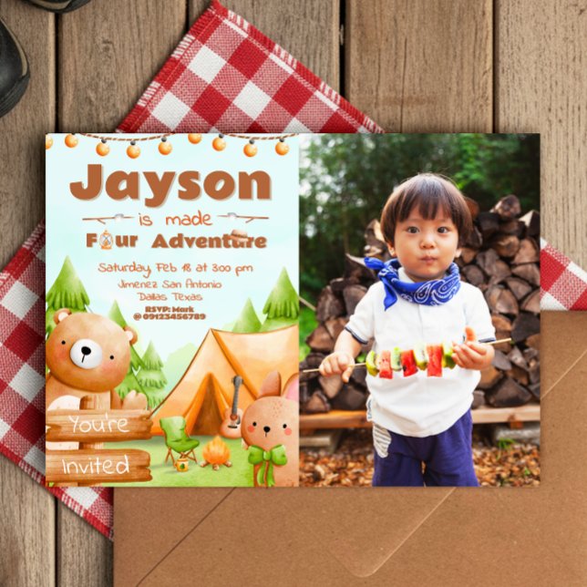 Invitación Hecha Cuatro Aventuras - Camping con imágenes (Made Four Adventure - Camping with Picture Invitation)