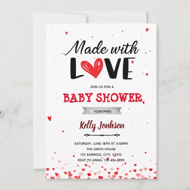 Invitación Hecho con amor corazón baby shower (Anverso)