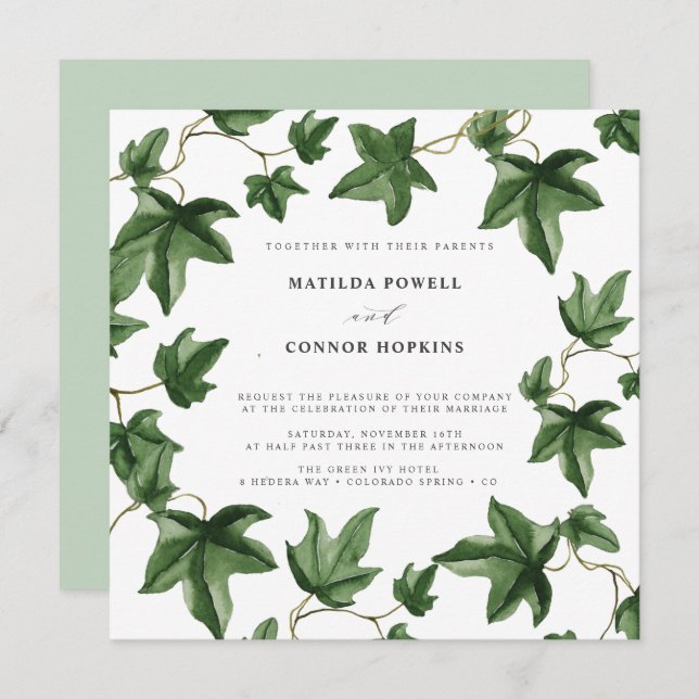 Invitación Hedera | Boda botánico de Green Ivy Leaves (Anverso / Reverso)