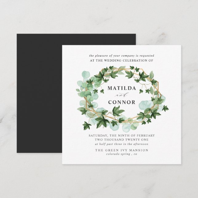 Invitación Hedera | Boda botánico de marco de marfil gris (Anverso / Reverso)