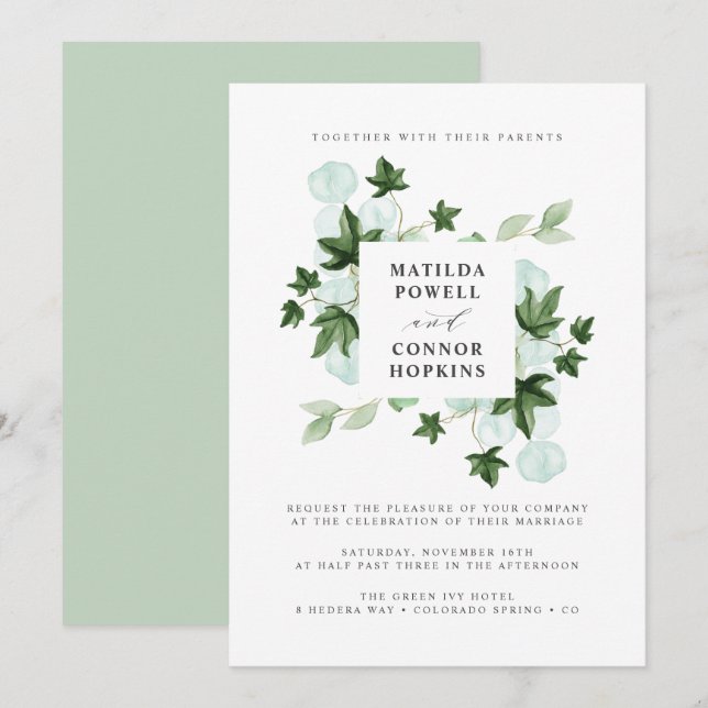 Invitación Hedera | Boda botánico de marfil verde Eucalyptus (Anverso / Reverso)