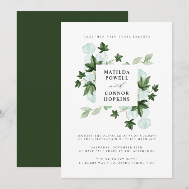 Invitación Hedera | Boda Botánico del bosque de marfil verde (Anverso / Reverso)