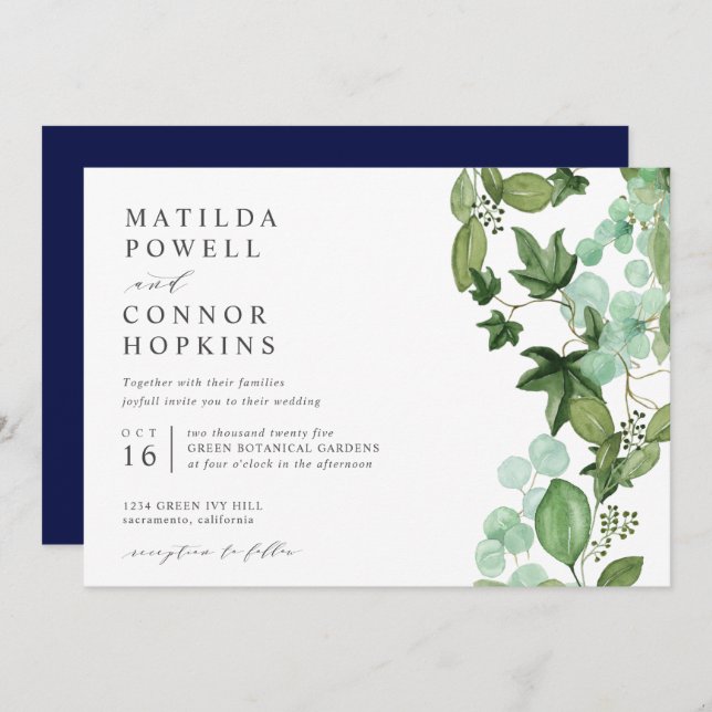 Invitación Hedera | Boda botánico moderno de IVY Blue Garden (Anverso / Reverso)