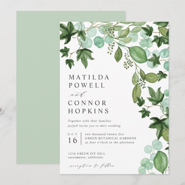 Invitación Hedera | Boda botánico moderno de IVY Eucalyptus (Anverso / Reverso)