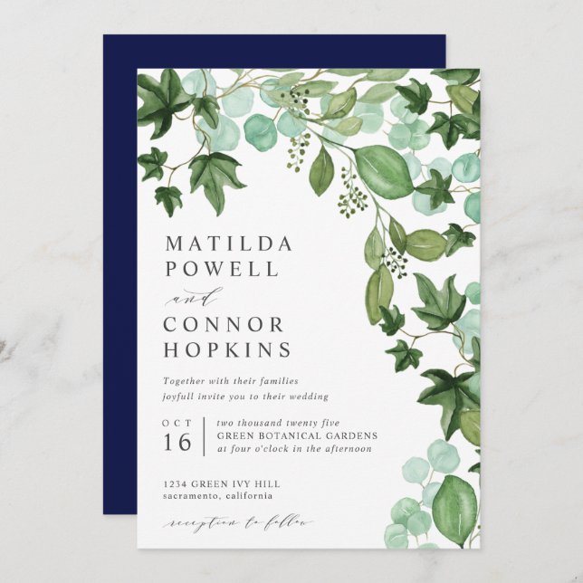 Invitación Hedera | Boda botánico moderno de IVY Eucalyptus (Anverso / Reverso)