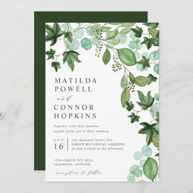 Invitación Hedera | Boda botánico moderno de IVY Eucalyptus (Anverso / Reverso)