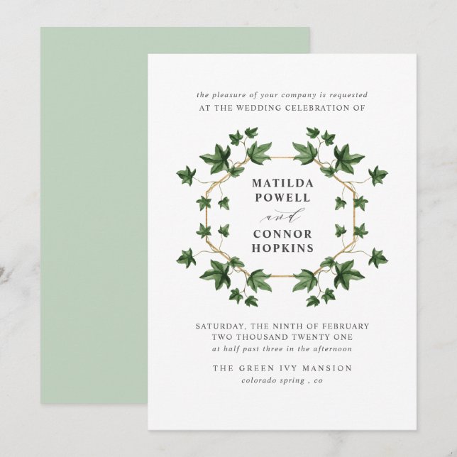 Invitación Hedera | Boda geométrico de marfil verde (Anverso / Reverso)