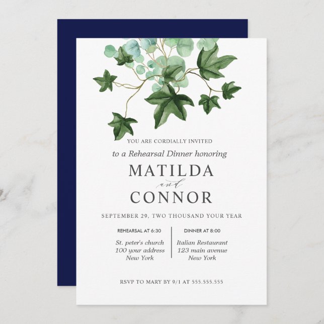 Invitación Hedera | Cena de ensayo de Ivy Leaves Bodas (Anverso / Reverso)