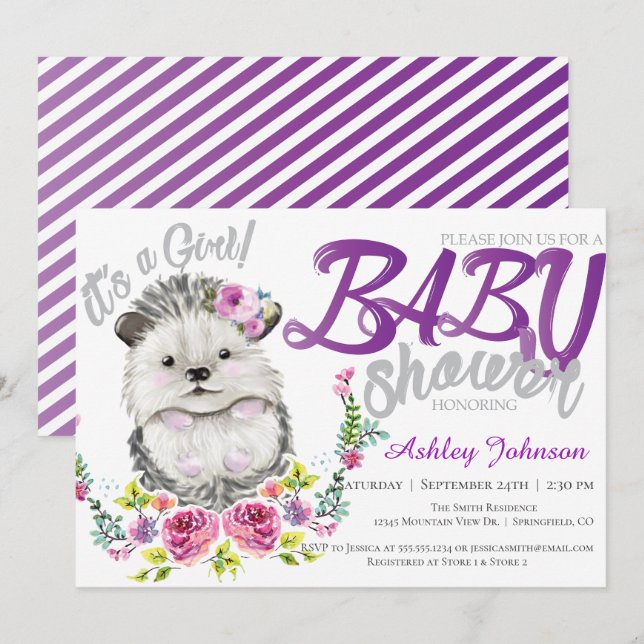 Invitación Hedgehog Baby Floral Bebé ducha (Anverso / Reverso)