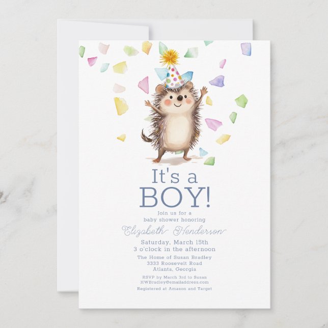 Invitación Hedgehog es un chico Baby Shower (Anverso)