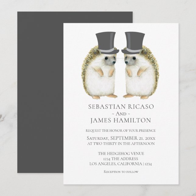 Invitación Hedgehog Grooms Boda Gay Cute Personalizado (Anverso / Reverso)